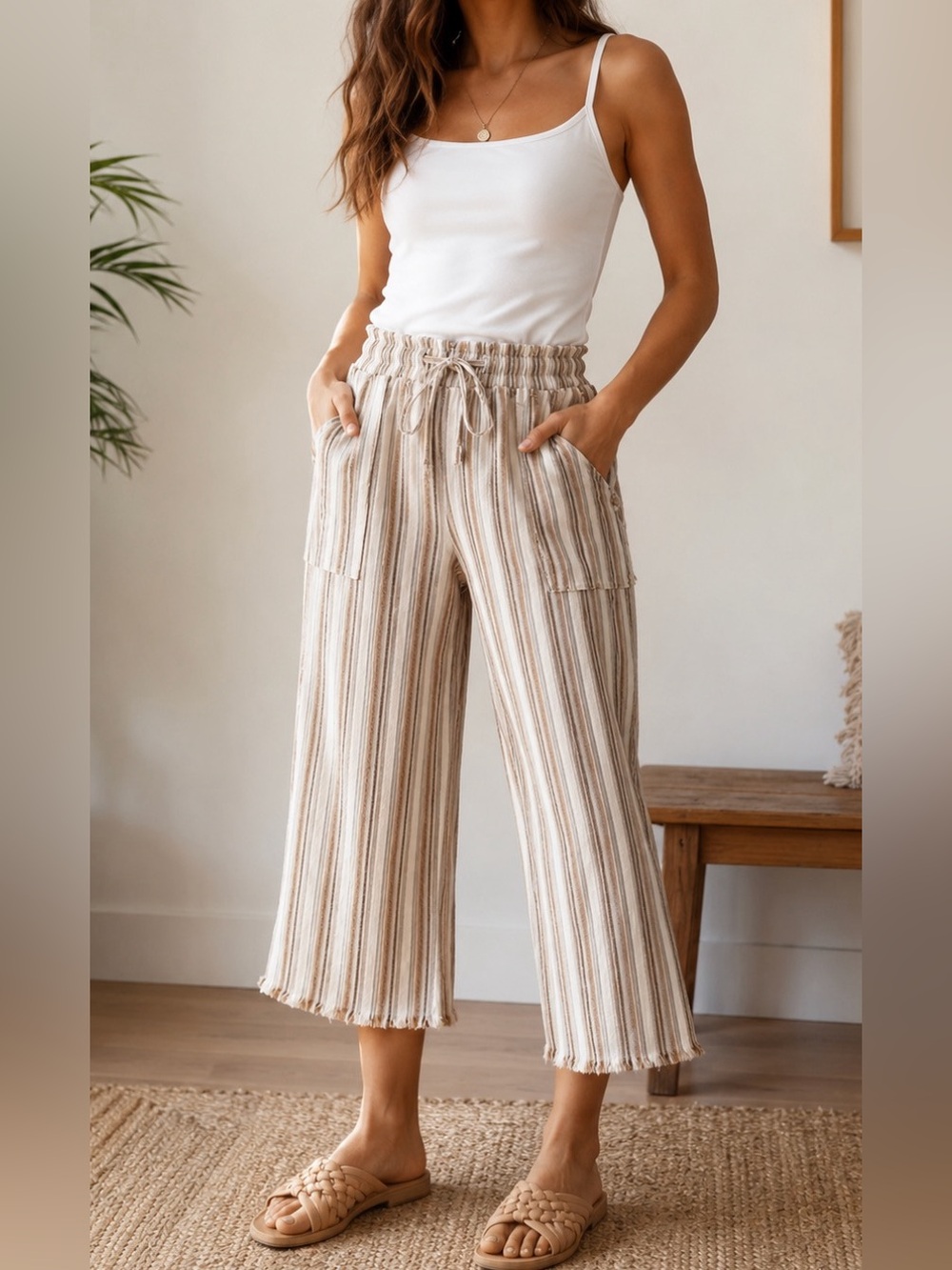 High Waisted Wide Leg Striped Cream and Brown Cropped Linen Pants